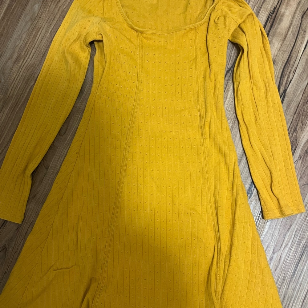 100% Cotton Textured Mustard Yellow Long Sleeve Dress